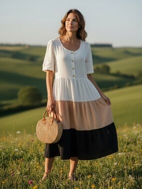 TWO POTATO VINTAGE NEUTRAL TIERED MAXI DRESS BOHO PEASANT COTTON COTTAGECORE